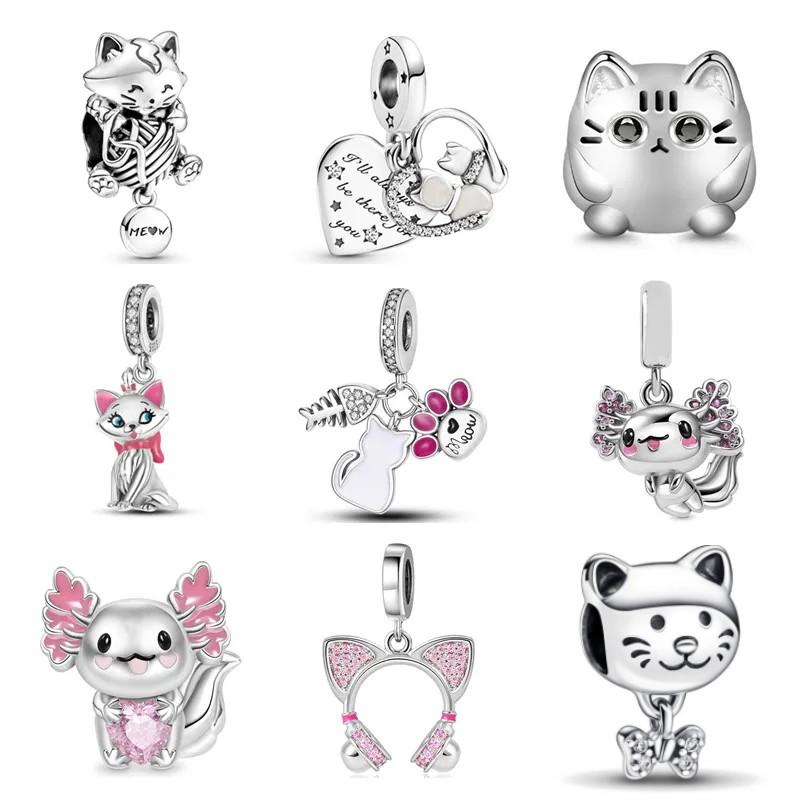 

S925 Sterling silver fishbone cat paw print cat Charms Pendant Beads Fit Original Bracelet Women Jewelry Necklace Amulet