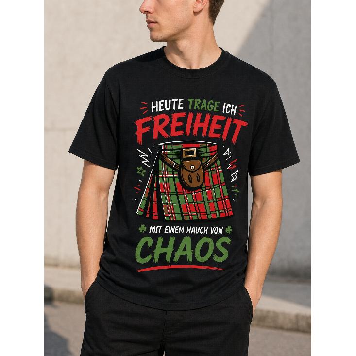 Herren schwarzes Kurzarm-Rundhals-T-Shirt mit auffälligem deutschen Text und karierter Kilt-Grafik, weiches Baumwollgefühl, lässiger Streetwear-Stil für den Alltag