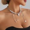 Sophisticated Multilevel Heart Charm Pendant with Pearls Accents Necklace Jewelry Accessory for Fashionable Outfits