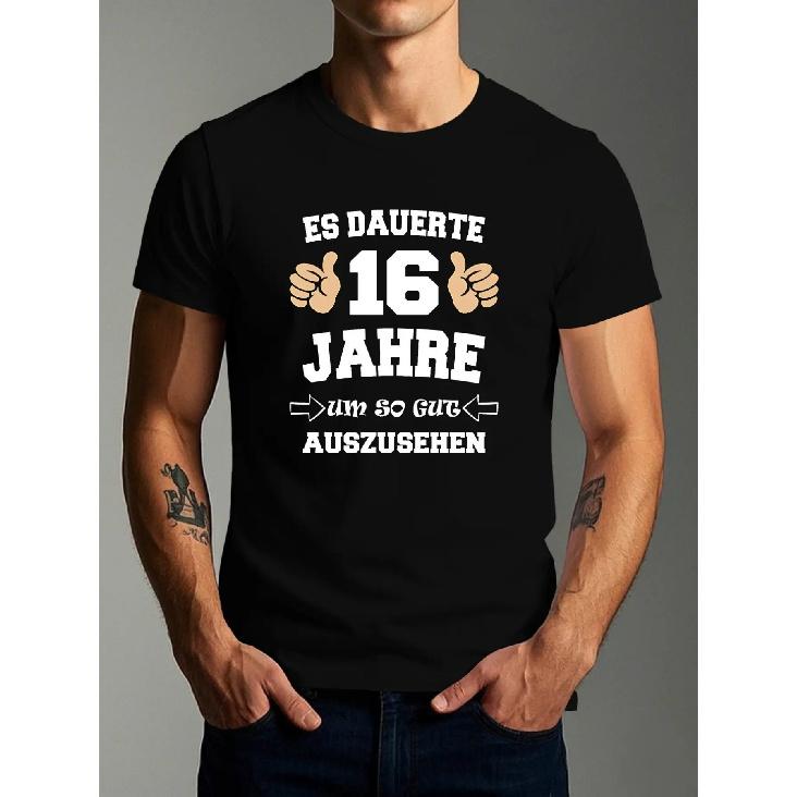 Men s 16th Birthday T-Shirt - German Text Design  Best 16 Years of My Life  - Olive Green Relaxed Fit Short Sleeve Tee with Number 16 Print - Sweet S чёрный