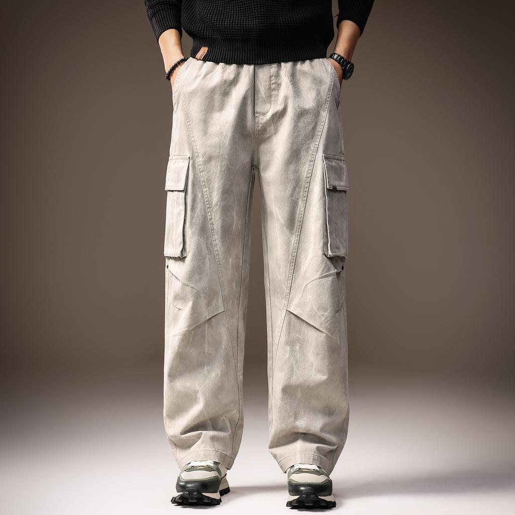 High-end American retro washed overalls men's autumn new loose straight paratrooper dirty dyed multi-pocket casual pants