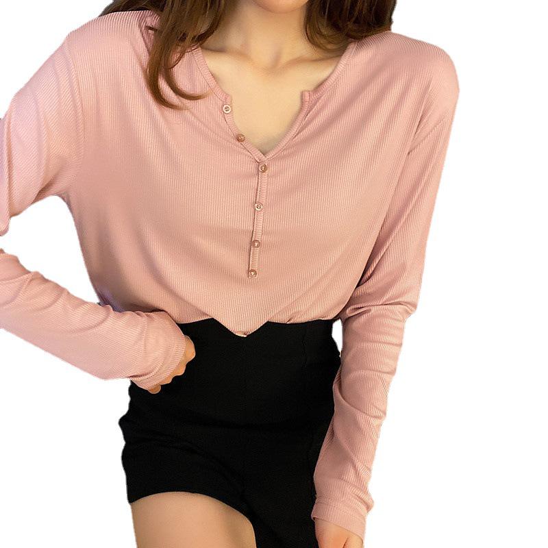 V-Neck Button-Down Long-Sleeve Modal T-Shirt - Loose Fit, Solid Color, All-Match Autumn Top