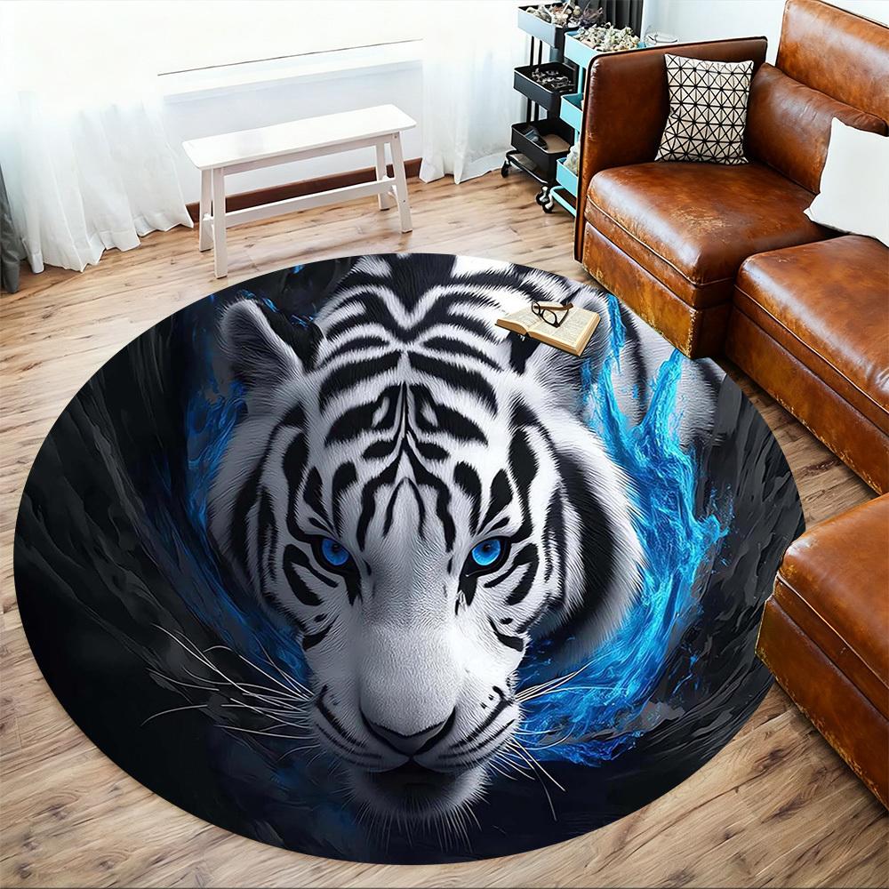 1PC White Tiger Blue Eyes Round Chair mat Area Rug - Non-Slip, Floor Mat for Office, Bedroom, home decor Christmas Gift c0528138