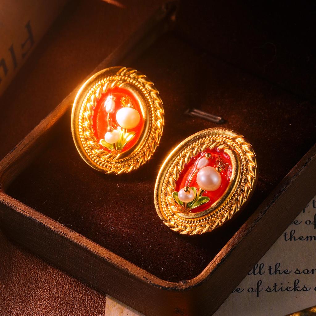 French Oil Painting Frame Natural Freshwater Pearl Earrings Monet Garden Oil Painting Wind Silver Needle Earrings Retro Court Stud Earrings