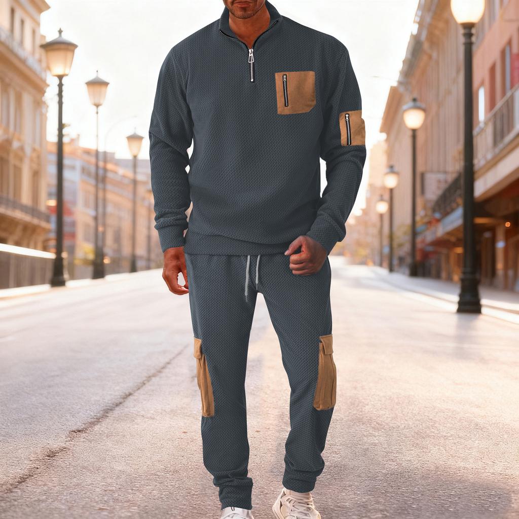 Men's Winter Fleece Tracksuit Sets  Stand Collar Sweatshirt Cargo Sweatpants 2 Piece Jogging