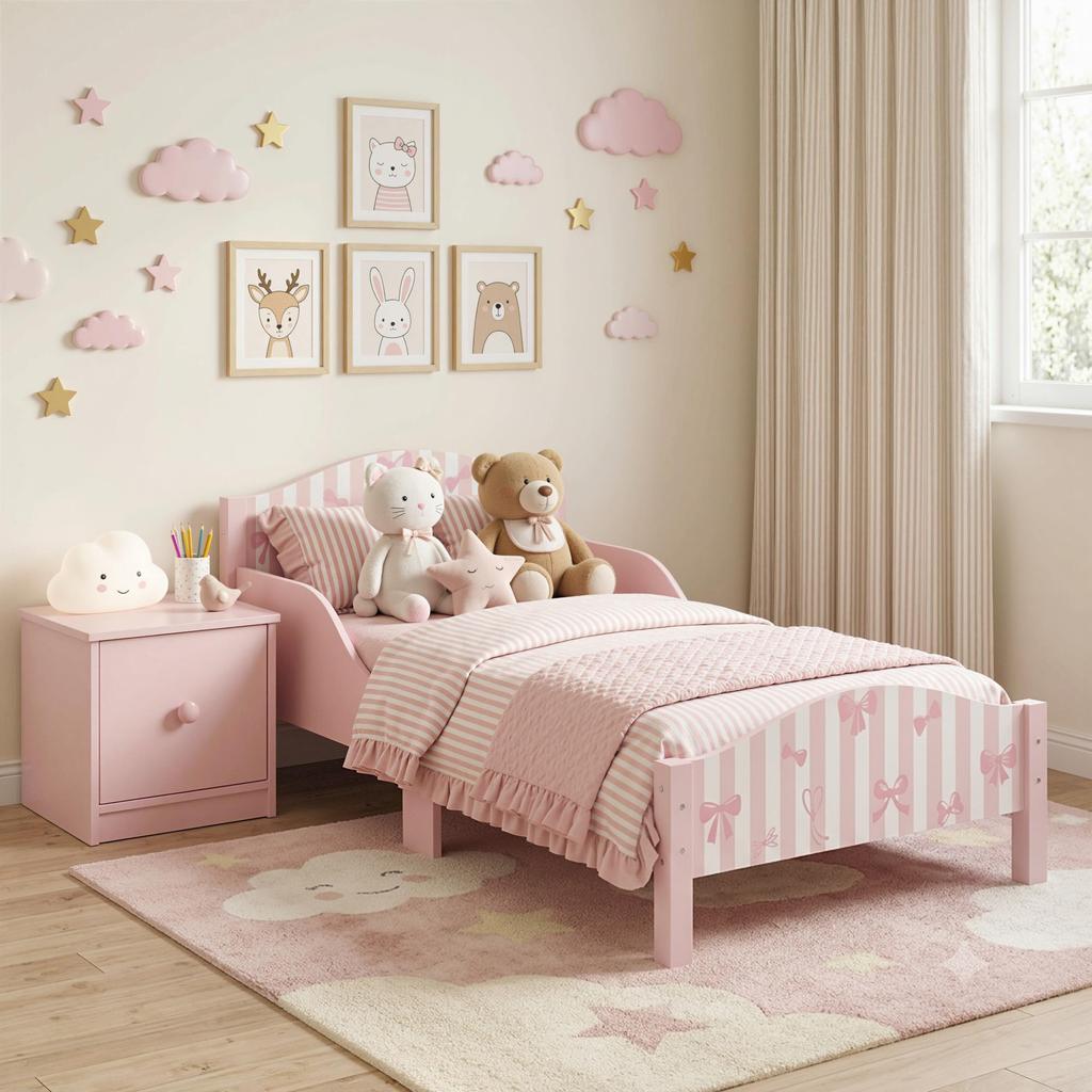 Children's Bed, 70 x 140 cm, Safety Rail, Bow Pattern, Pink