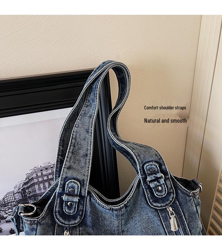 Large Vintage Denim Tote Bag - Casual Single Shoulder and Crossbody Versatile Style