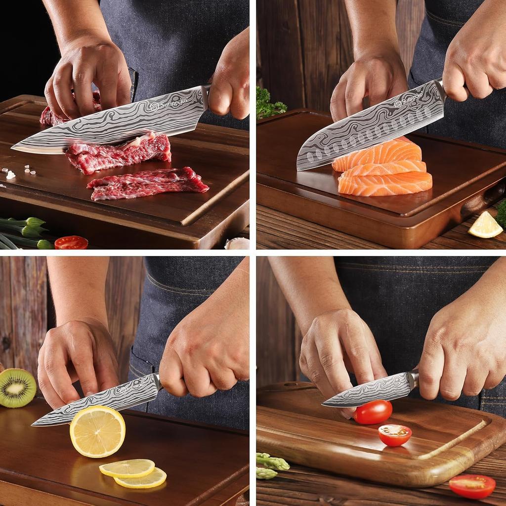 Sunnecko Knife Santoku Bread Paring and Peeling Stainless Steel with Damascus Stylish and Perfect 5-Piece Set Knife, Chef's Knife, Knife, Knife,
