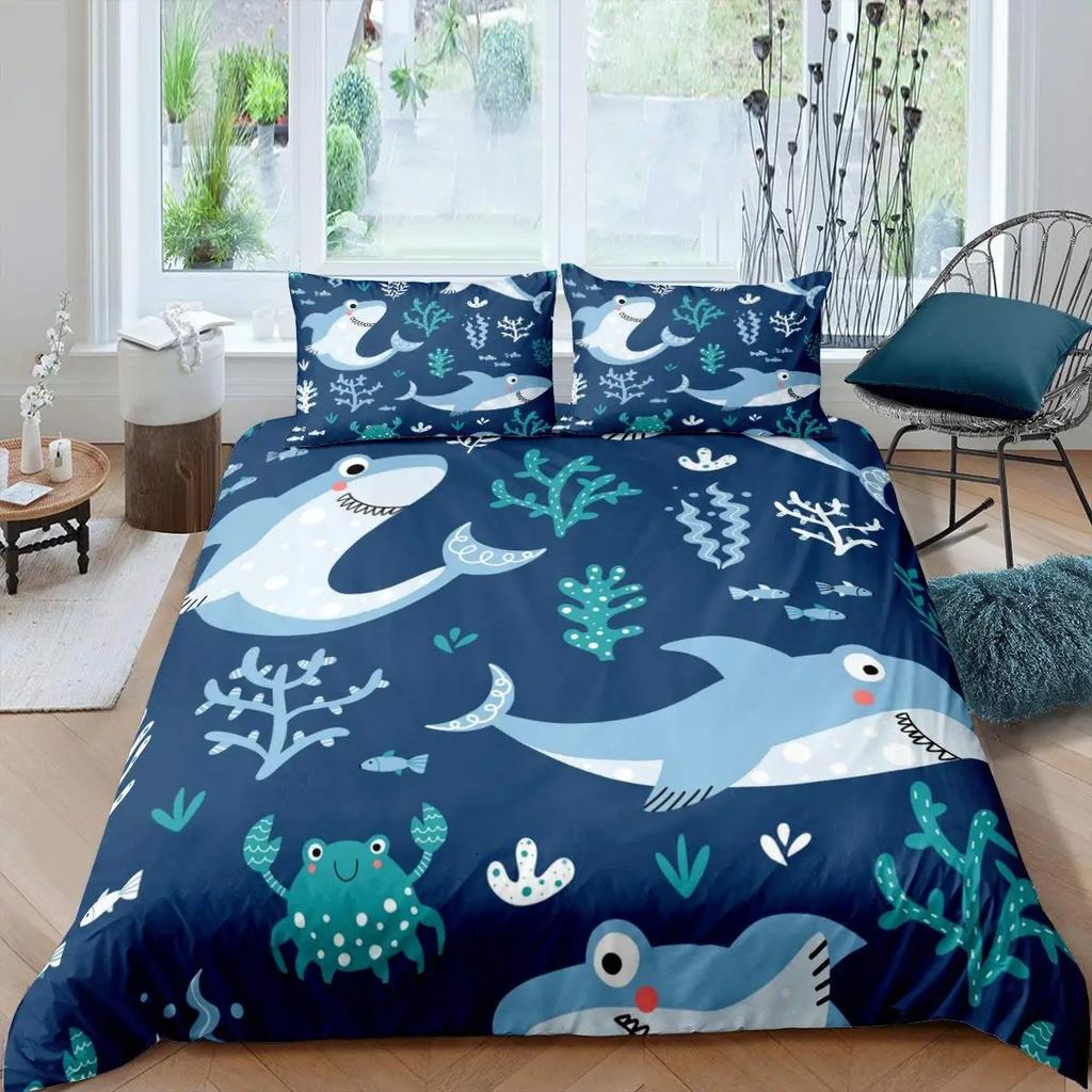 Copripiumino per Bambini con Stampa di Pesce Squalo Cartone Animato Blu e Bianco Decorazione di Lusso per la Camera da Letto di Bambini e Adolescenti Regalo Misura Queen