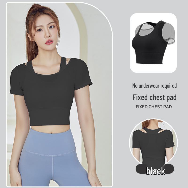 

Женский летний быстросохнущий костюм для йоги из двух частей с нагрудными вкладышами - Топ с коротким рукавом в стиле пэчворк для бега и фитнеса Large