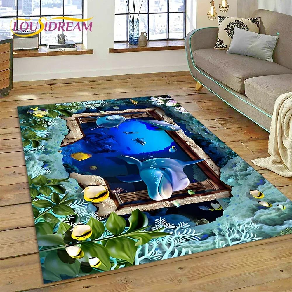 3D Illusion Unterwasserwelt Meeresboden Hai Delfin Cartoon Teppich Teppich für Schlafzimmer Wohnzimmer Sofa Dekoration, Kinderdekor Fußmatte