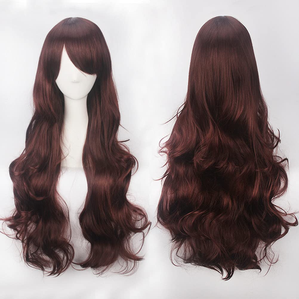 Long, Curly, Wavy, Heat-Resistant Cosplay Wig with Side Bangs, Perfect for All-Purpose Costumes and Events, Includes Wig Net (Dark Brown)
