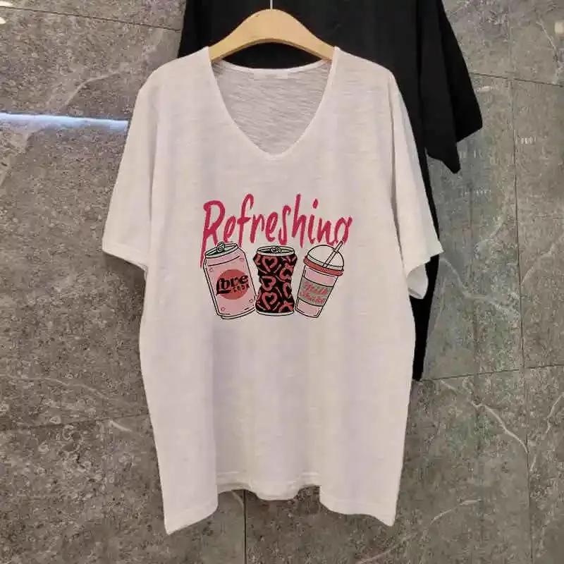 Bamboo Cotton V-neck Short-sleeved T-shirt Women Summer Wide Slightly See-through Versatile Casual Bottoming Printed Tops