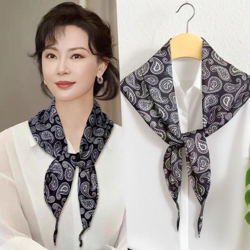 Silk scarf women's spring and autumn Korean version versatile black triangular scarf triangular shawl with knotted scarf scarf women's waist seal