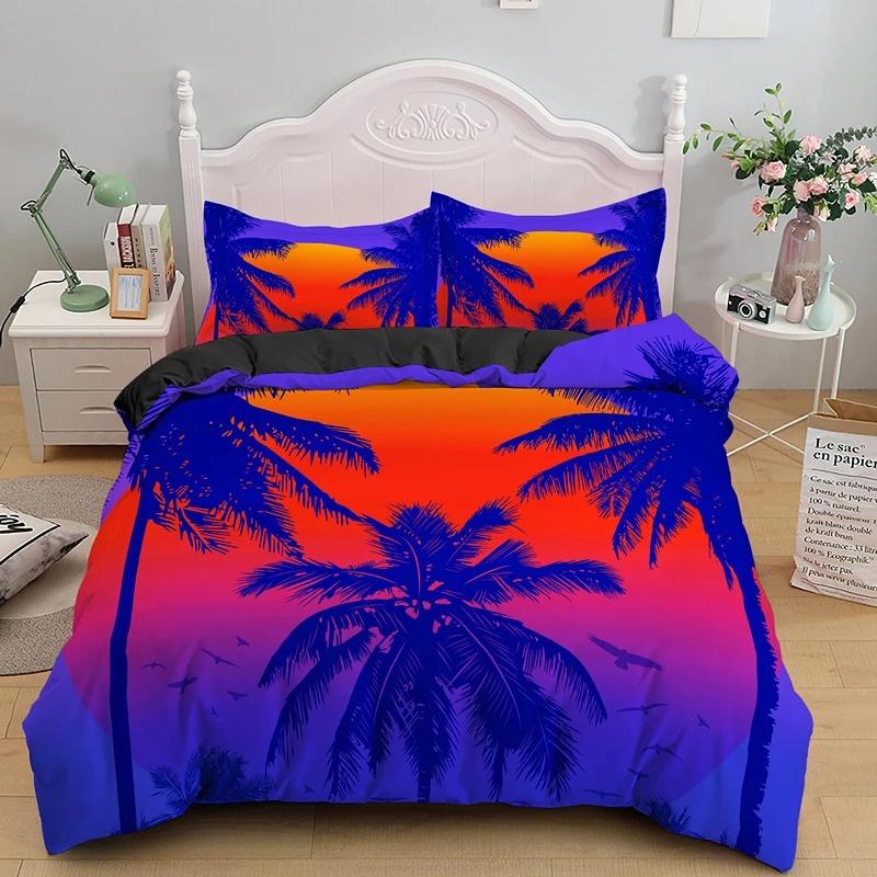 Tropical Coconut Palm Tree Duvet Cover King Queen Size Hawaii Sunset Bedding Set 3pcs Polyester Quilt Cover