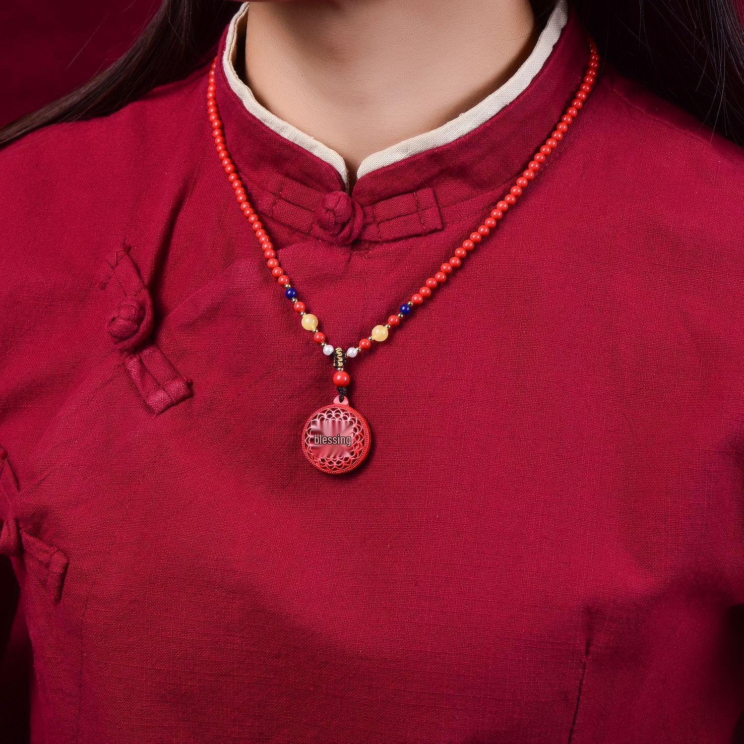 Auspicious Eight Treasures Lotus Cinnabar Pendant Necklace - High-Grade Original Design High Content Cinnabar (75%-80%)