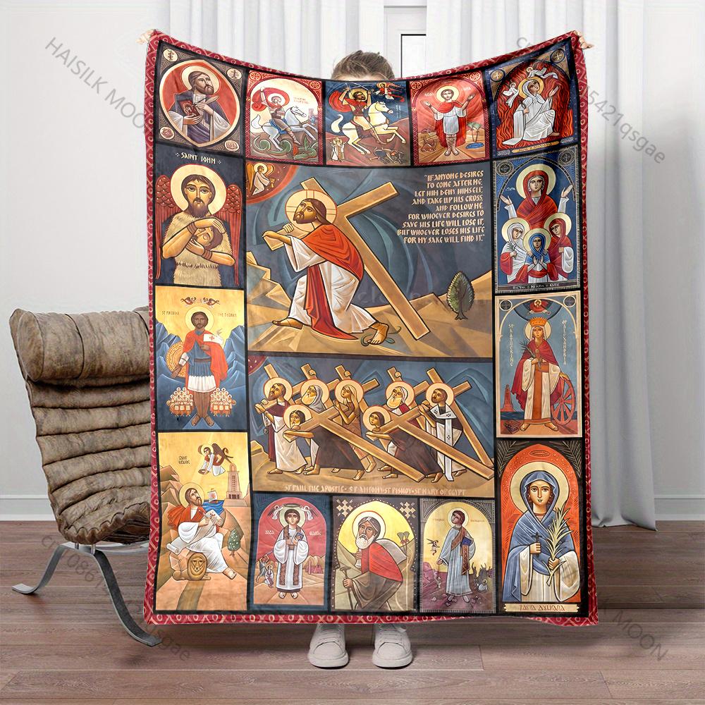 1PC Religious figures with cross scenes print blanket Prayer blankets for believers suitable for home sofa camping travel car