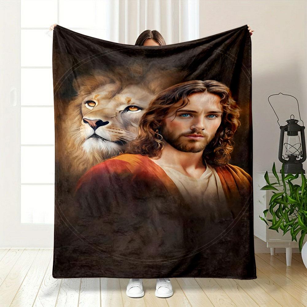 Jesus Lion Portrait Blanket Printed Blanket for Living Room Bed Couch Lunch Break Soft Cozy Blanket for Friend's Festival Gift