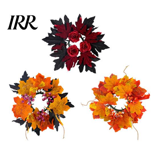 Seasonal Holiday Ornaments Halloween Floral Candle Ring, Artificial Maple Rose Wreath for Spooky Home Decorations Holder, Table Centerpiece