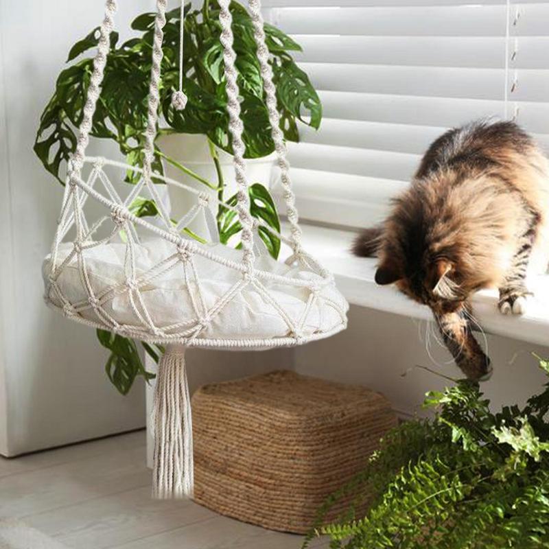 cat bed cradle hammock swing suspended net bag Handwoven cotton rope woven pet supplies cat toys Four season universal