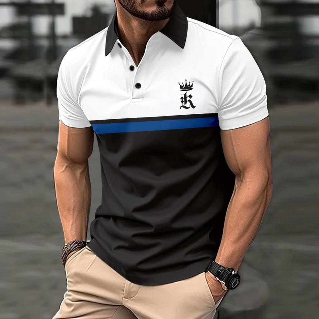 Colour Block Printed Short Sleeve Top Men's Daily Casual Lapel Polo Shirt
