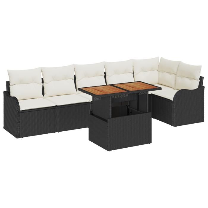 Canapés de jardin 7 pièces avec coussins noir poly rattan acacia 3349466