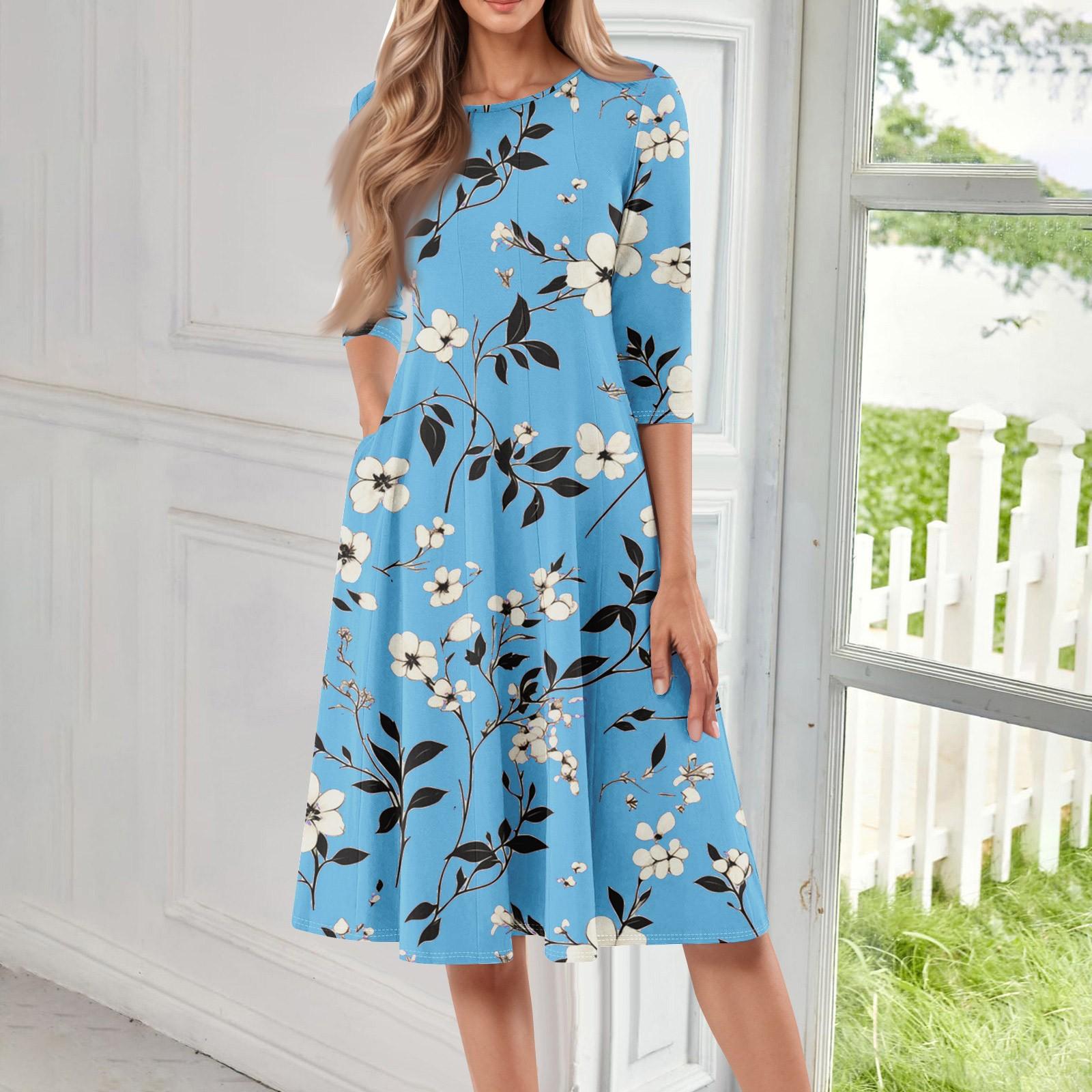 

Женское свободное повседневное и модное платье средней длины с круглым вырезом и рукавами семь четвертей XL небесно-голубой