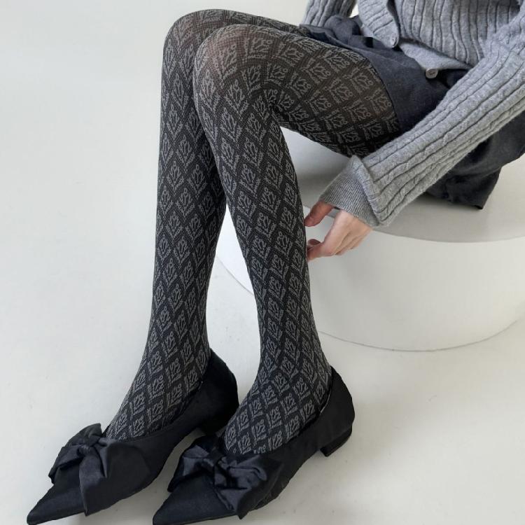 Womens Japanese Dark Floral Print Leggings Tights Vintage Jacquard Patterned Stretchy High Waist Pantyhose Stockings