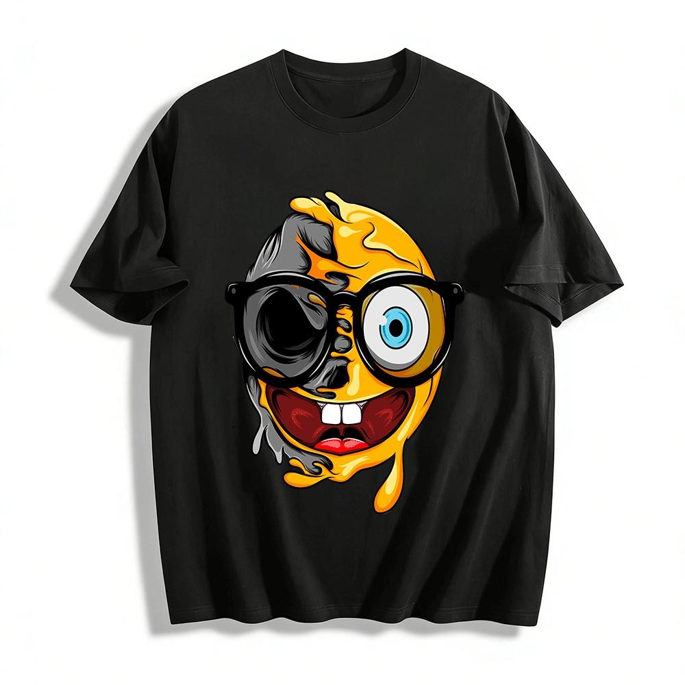 Melting Half Face Emoji Print Trendy Glasses Monster Casual Top Pure cotton T-shirt XXS