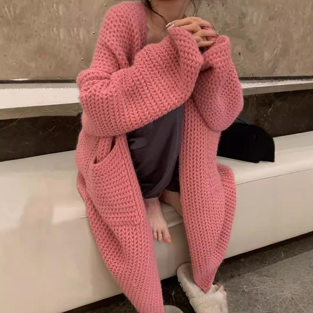 Dicker Warmer Langarm Strickpullover Damen Locker Geschnitten Herbst Winter Oberbekleidung Strickjacke Mantel Weich Bequem Große Größe