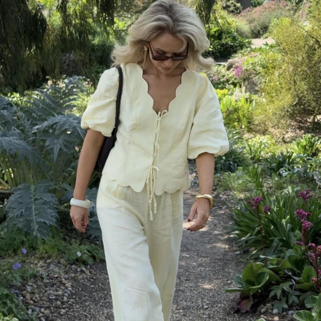 Europäisches und amerikanisches Damen 2025 Frühfrühlings Puffärmelhemd und Freizeithosenset