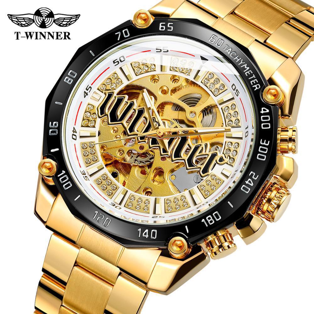 Moda Vincitore Top Brand Uomo Casual Scheletrato Automatico Meccanico Cinturino Completamente in Acciaio Inossidabile Lusso Dorato Orologi da Business