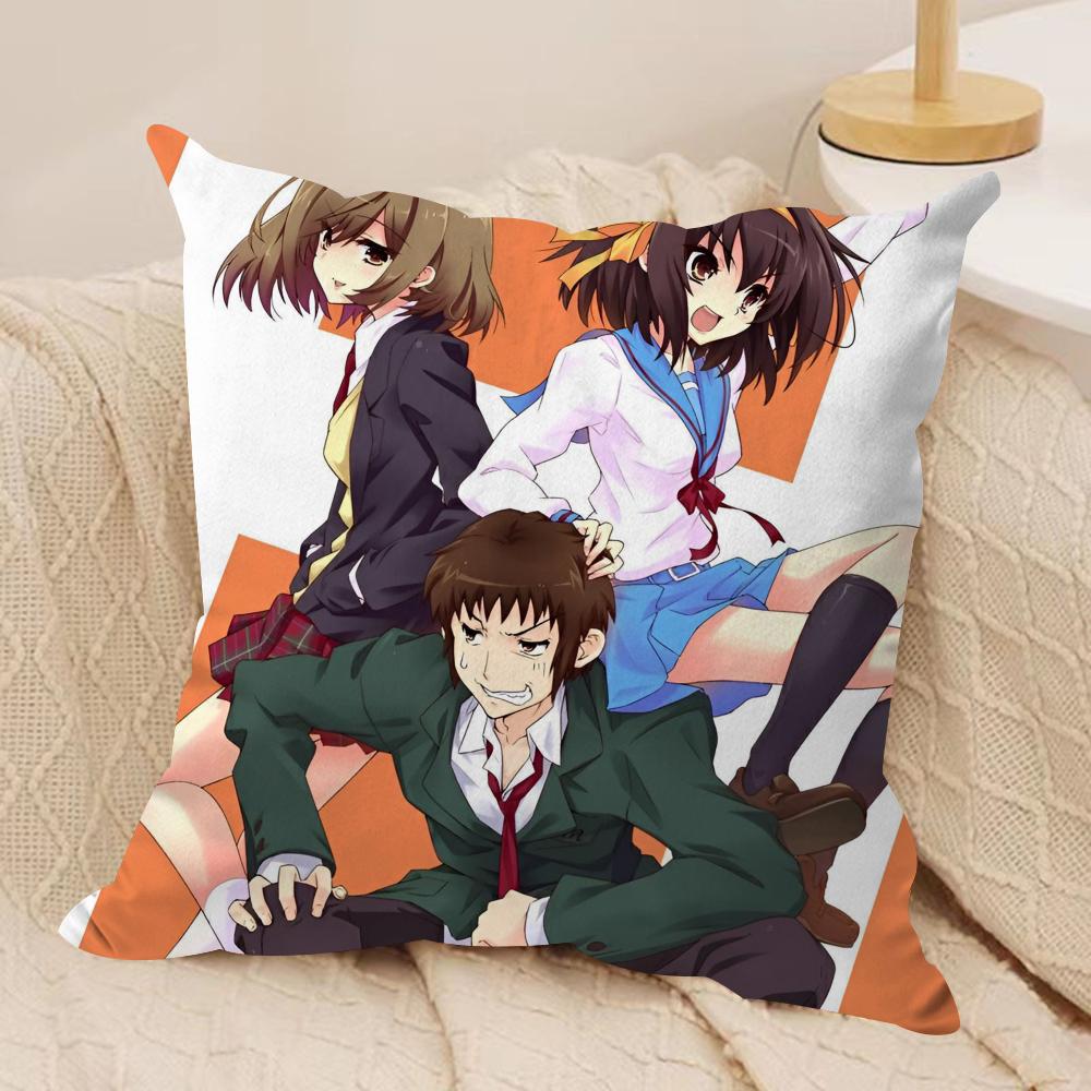 The Melancholy of Haruhi Suzumiya Cushion Cover Soft Plush Fabric Double-Sided Printed Sofa Cushion Cover for All Seasons Decor