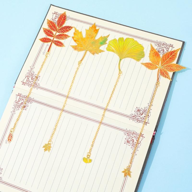 Fall Leaves Metal Bookmarks with Chain Pendant Novel Fiction Page Marker Page Divider for Book Lover Teacher Adult