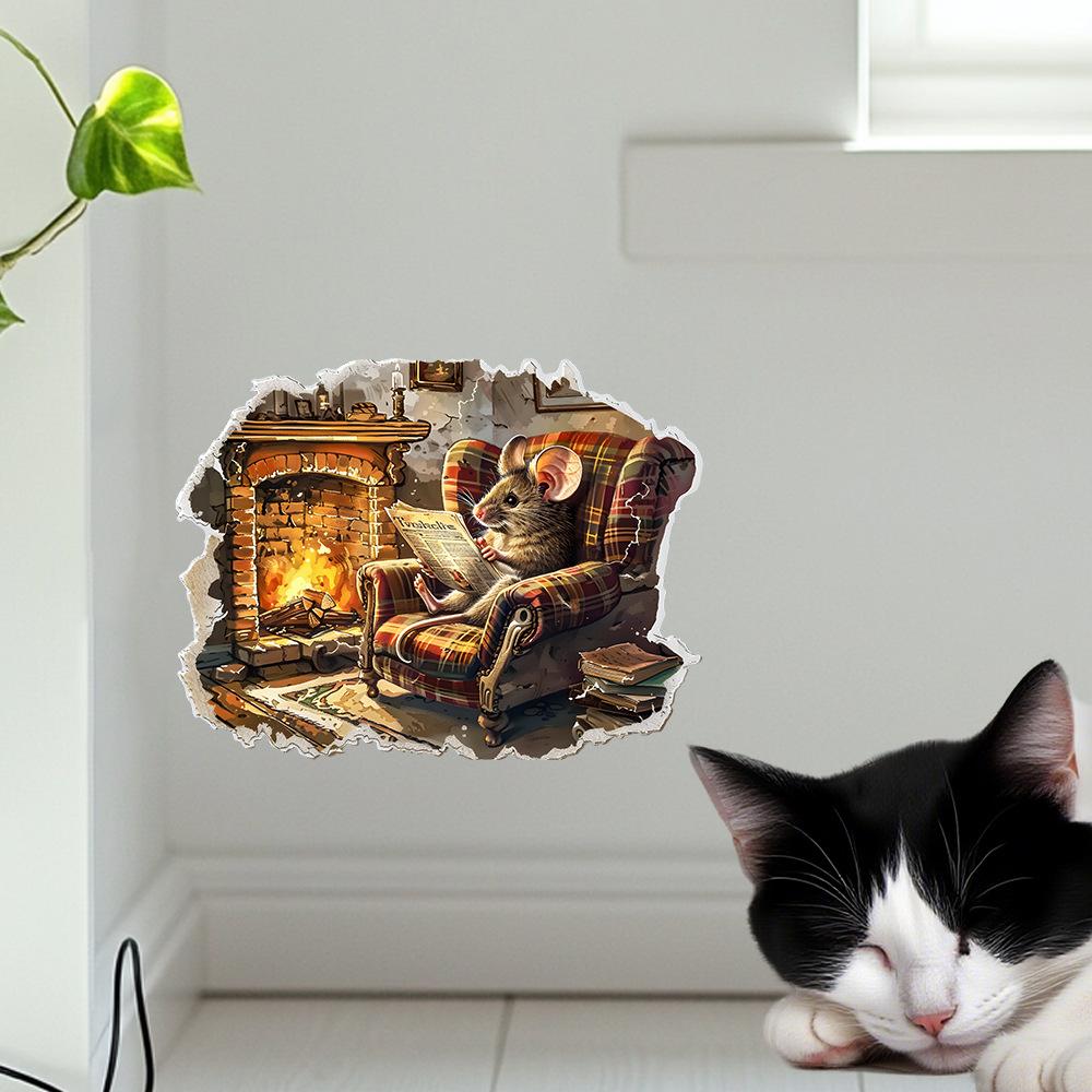 Funny Mouse Reading Newspaper Sticker No Glue Easy Apply Vintage Living Room Wall