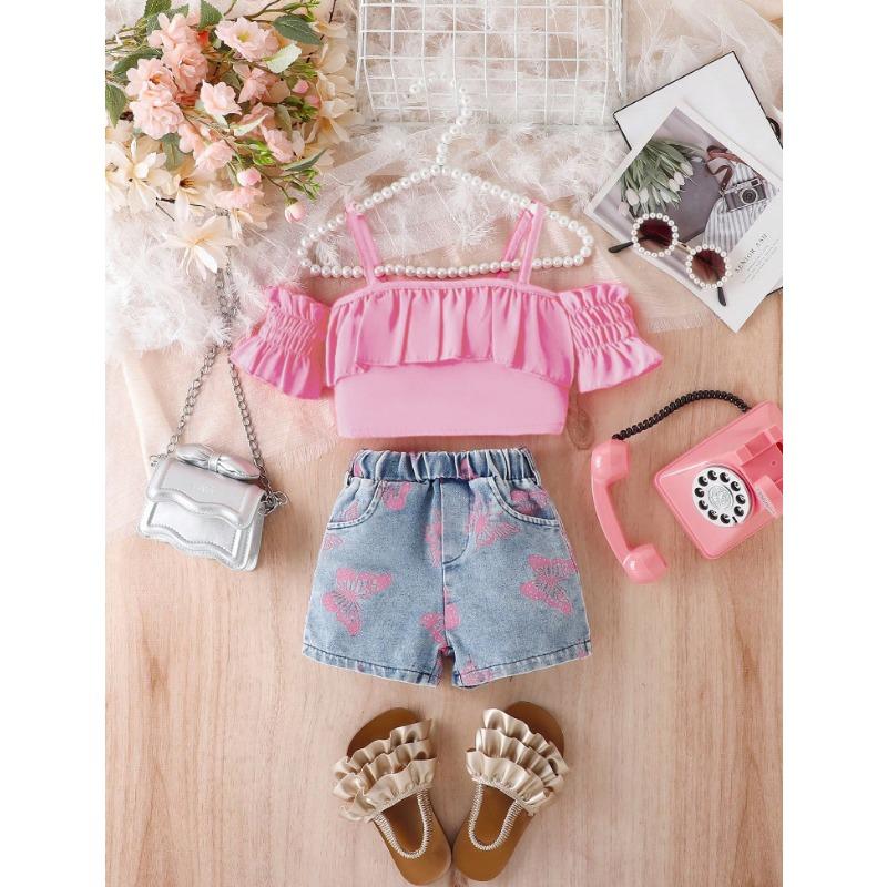 

New Summer Girls Denim Vest Top + Suspender Underwear + Green Pleated Skirt + Belt Four-piece Set 4Y