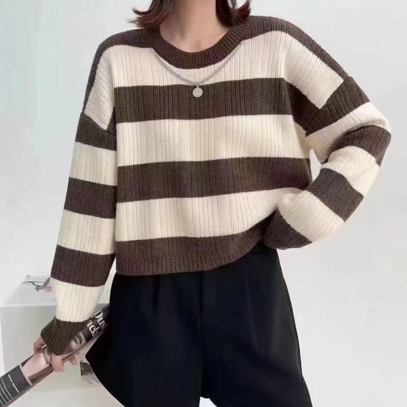 YYFS Dámská móda Ležérní Podzim Zima Svetry s proužkovaným potiskem s dlouhým rukávem a výstřihem do O