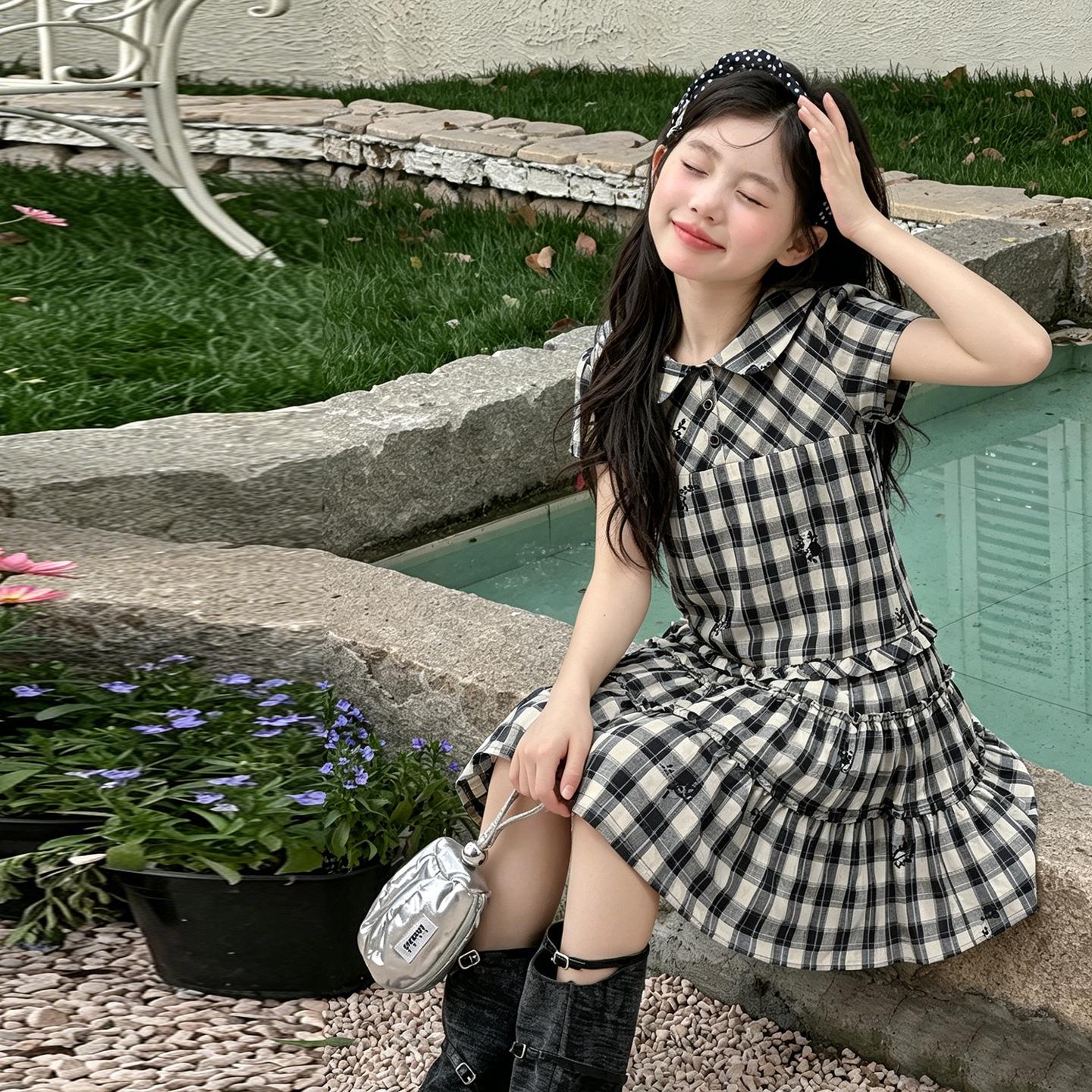 Plaid Summer Dress for Girls: Sweet Princess School Style, Korean Fashion, Short-Sleeved 140 cm
