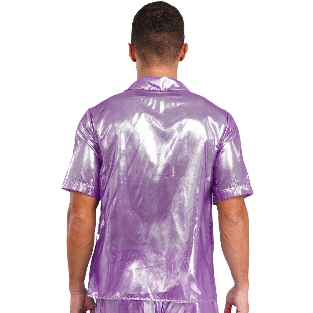 Mens See Through Shirt Turn Down Collar Short Sleeve Water Ripple Shine Beachwear Clubwear Top