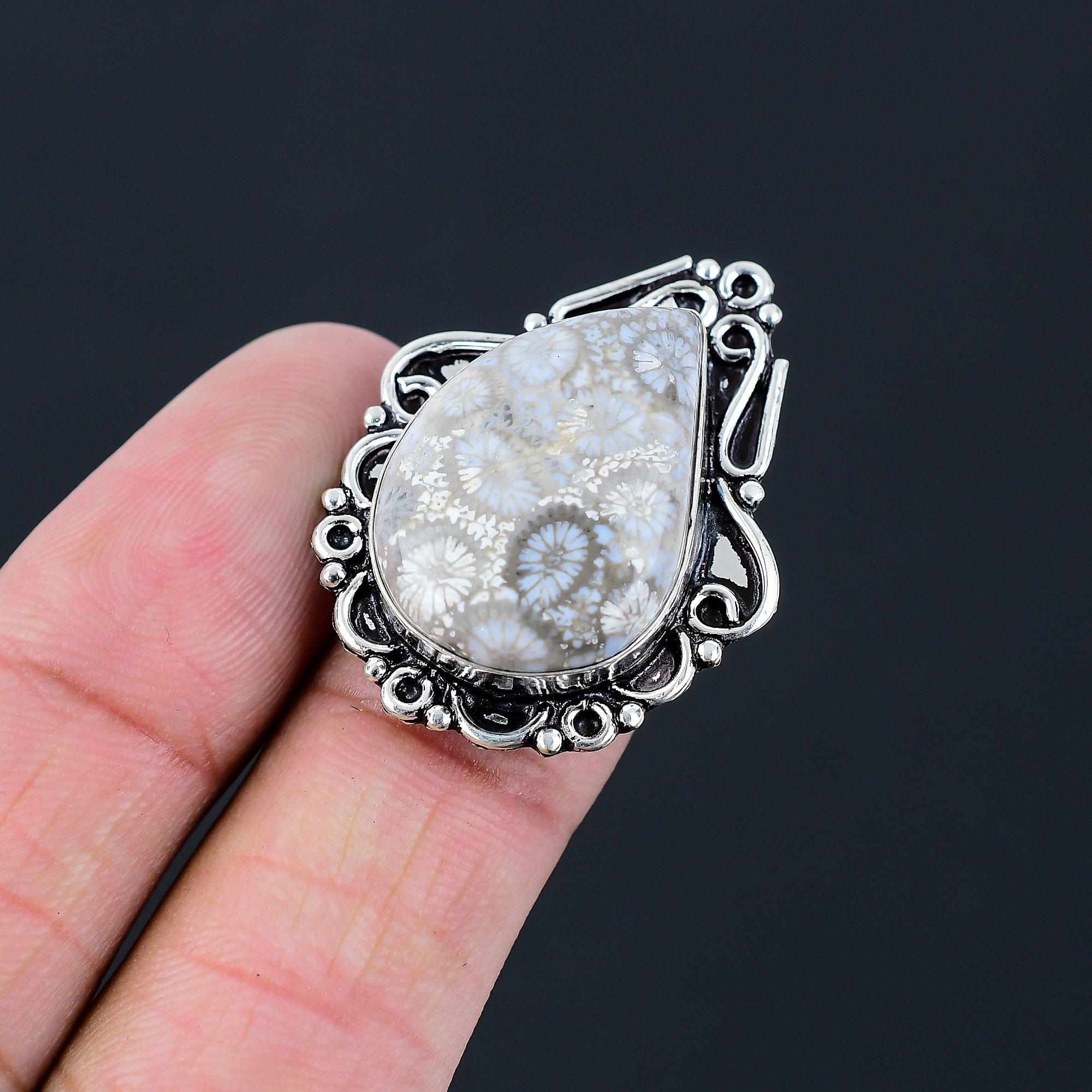 Womens day Sale Fossil Coral Stone Wedding Ring Jewelry Sterling Silver US 6.5 6.5