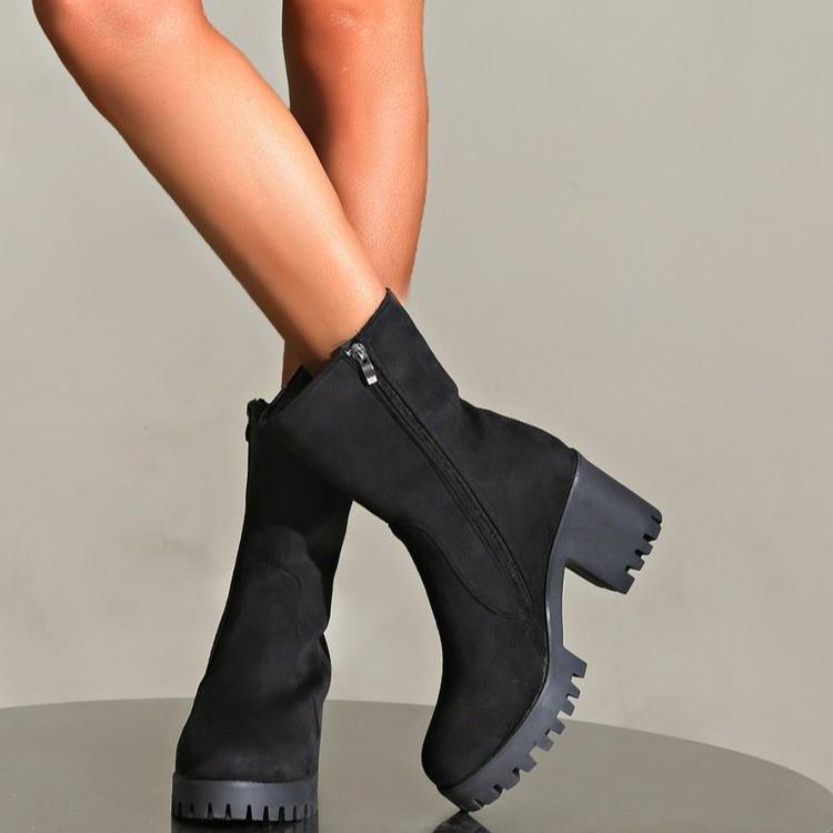 Short Boots Medium Boots Thick Heel Versatile Girls Cheongsam Shoes Antique Zipper Waterproof Table Boots Large Size Women's Shoes Non-slip