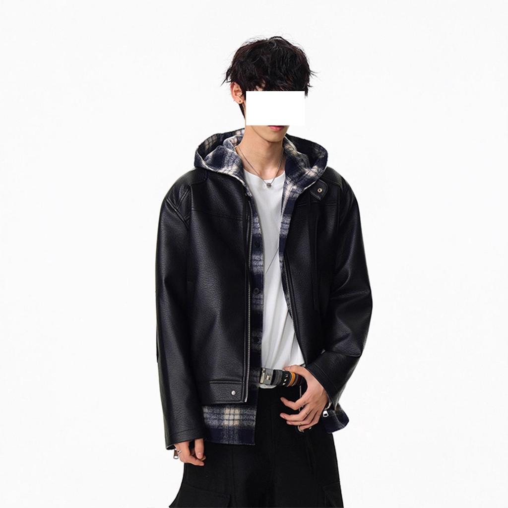 Men's High-End Black Leather Motorcycle Jacket with Shoulder Pads and Stand Collar
