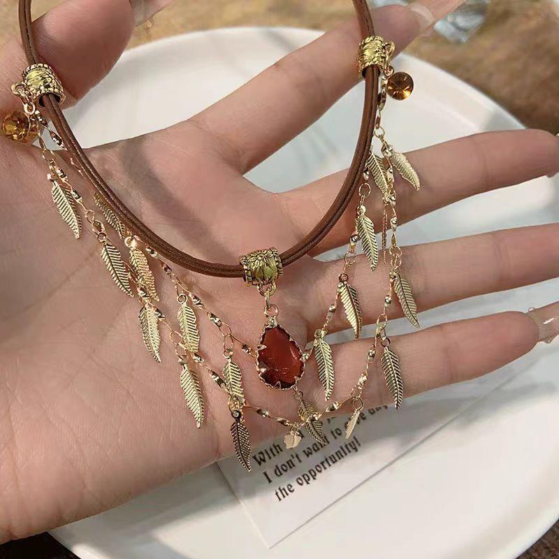 Maillard style leather chain water drop fringed necklace sweet cool niche double-layer collarbone chain female choker neck chain tide