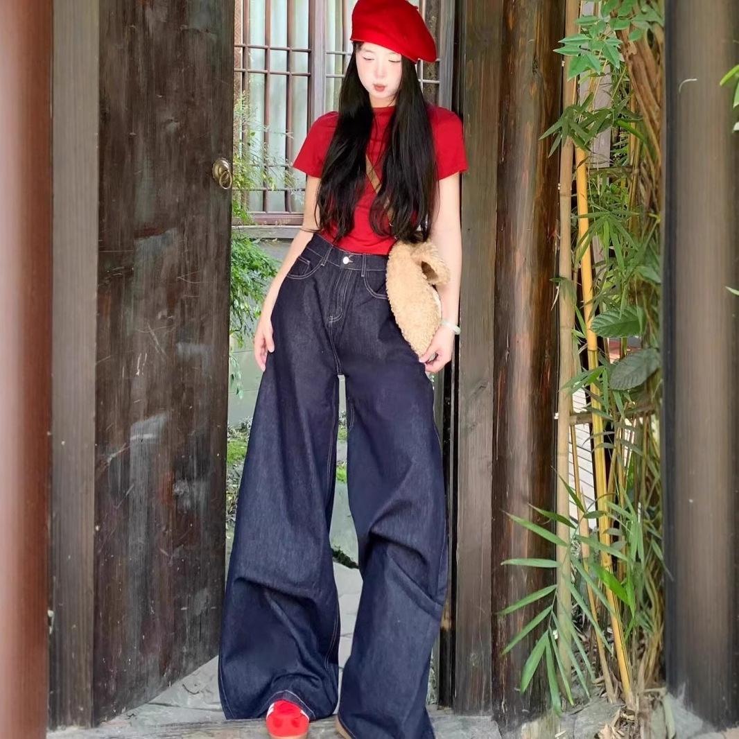 

Women s Dark Blue Wide-Leg Jeans - Summer 2025 Casual, Floor-Length Draping Pants XL