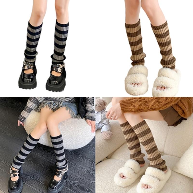 Contrast Color Striped Leg Warmers for Women Girls Ribbed Knitted Boot Covers Over Calf Socks for Dance Parties Hosiery