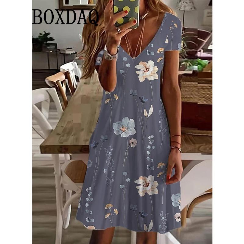 Women's Casual Dress Summer Plant Floral Print V Neck Midi Dress Vintage Daily Short Sleeve Loose Plus Size Dresses 6XL Sundress