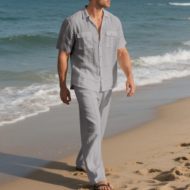 Men's European and American Casual Linen Short-Sleeve Shirt & Long Pants Set