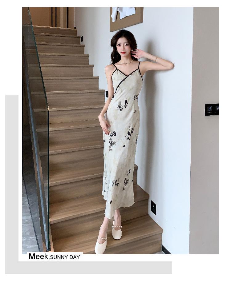 Authentic Chinese-Style Satin Camisole Dress: National Print, Bias Cut, High Waist, Slimming, Long-Tempered Fit