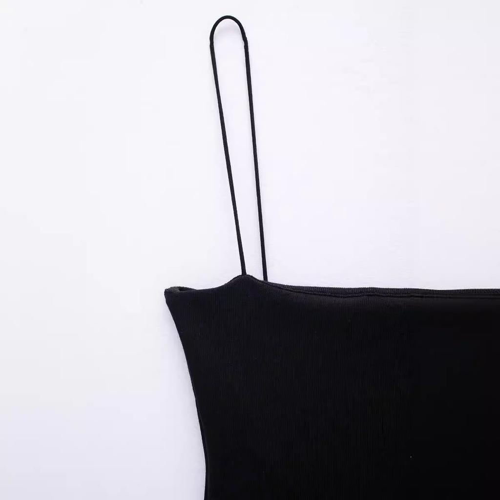 Pleated Patchwork Halter Mini Dress Retro Thin Shoulder Strap Square Collar Dress