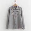 Femmes Col rabattu Hauts amples Fille Manches longues Blouses Broderie Printemps Chemises Fil double coton